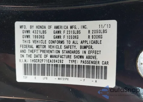 2014 Honda Accord Ex from USA, damaged, VIN 1HGCR2F71EA094282